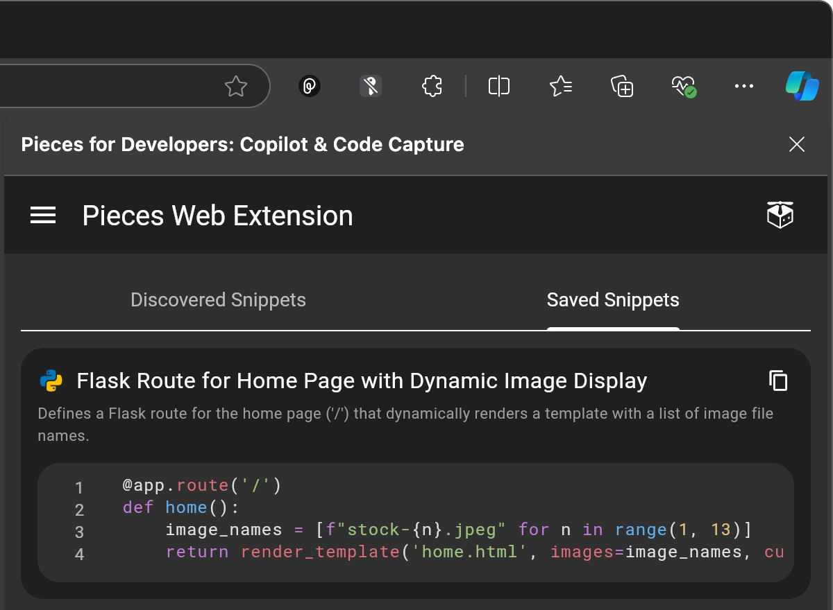 A snippet in the Pieces web extension